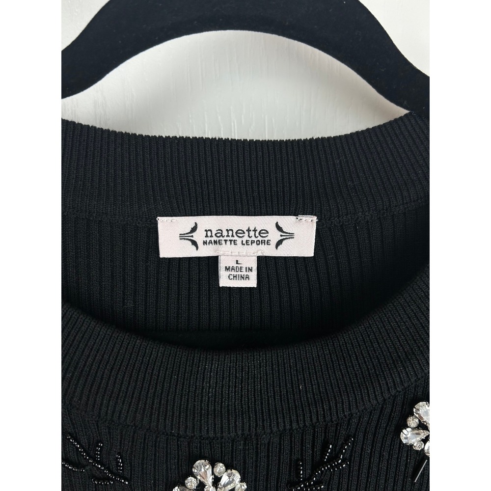 Nanette Nanette Lepore Black Ribbed Knit Embellished Balloon Sleeve Sweater L - Picture 3 of 7